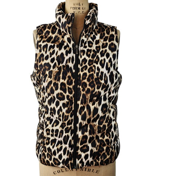 Lands End brown black cream leopard print zip front down puffer vest Small - Picture 1 of 6